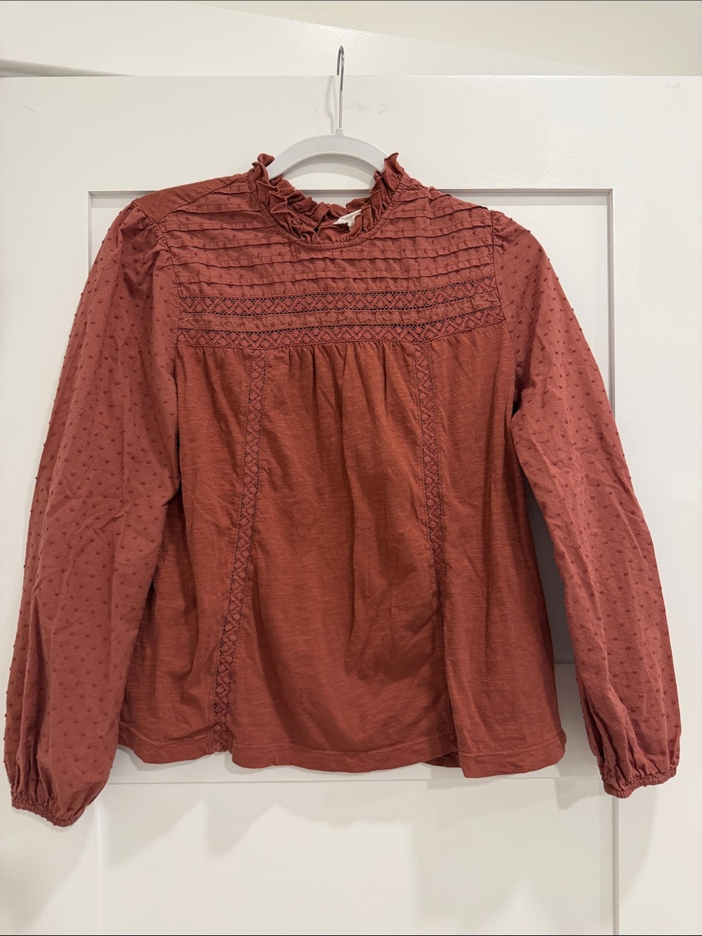 Caslon Women’s 100% Cotton Rust Swiss Dot Lace Ruffle Long Sleeve Blouse Size M